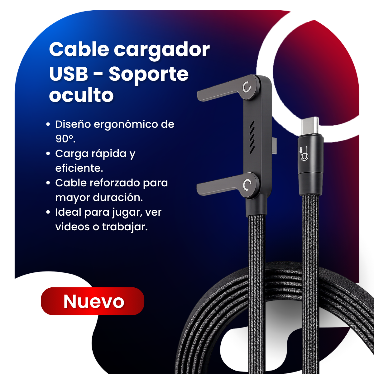 Cable Cargador en Ángulo 90° con Soporte para Celular